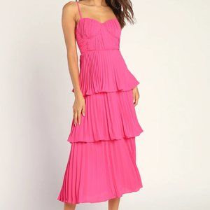Lulus Cascading Crush Hot Pink Tiered Bustier Midi Dress